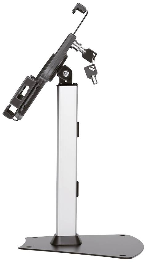 Tablet-Halterung mit verstellbarem Arm, Sicherungsschloss und stabiler Basis, geeignet für den Einsatz in Büros oder Ausstellungsräumen.