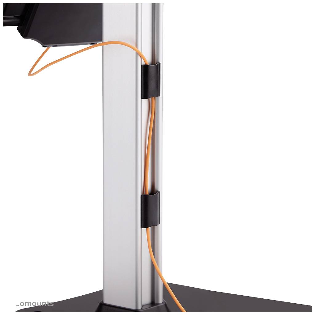 Ein Kabelmanagementsystem zeigt ein oranges Kabel, das ordentlich entlang eines silbernen Metallständers befestigt ist.