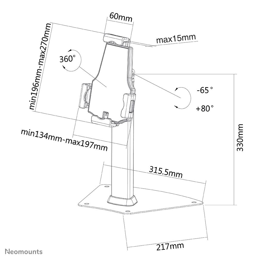 Eine technische Zeichnung eines höhenverstellbaren Tablet-Ständers mit schwenkbarer und neigbarer Halterung. Maße und Neigungswinkel sind angegeben.