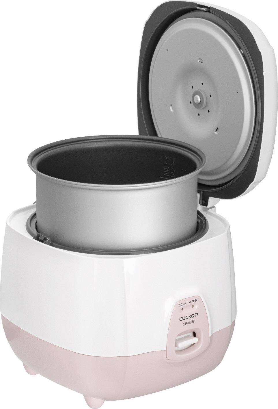 Reiskocher in Weiß und Rosa mit geöffnetem Deckel. Der Innentopf ist sichtbar.