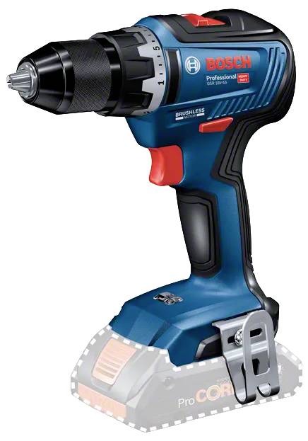 Bosch Professional bürstenloser kabelloser Bohrschrauber, blau mit schwarzem Griff, ausgestattet mit einem schnellspannenden Bohrfutter und rotem Auslöser.