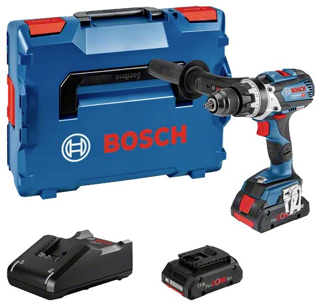 Bosch Akku-Bohrschrauber-Set mit blauem Transportkoffer, Ladegerät und Akku.