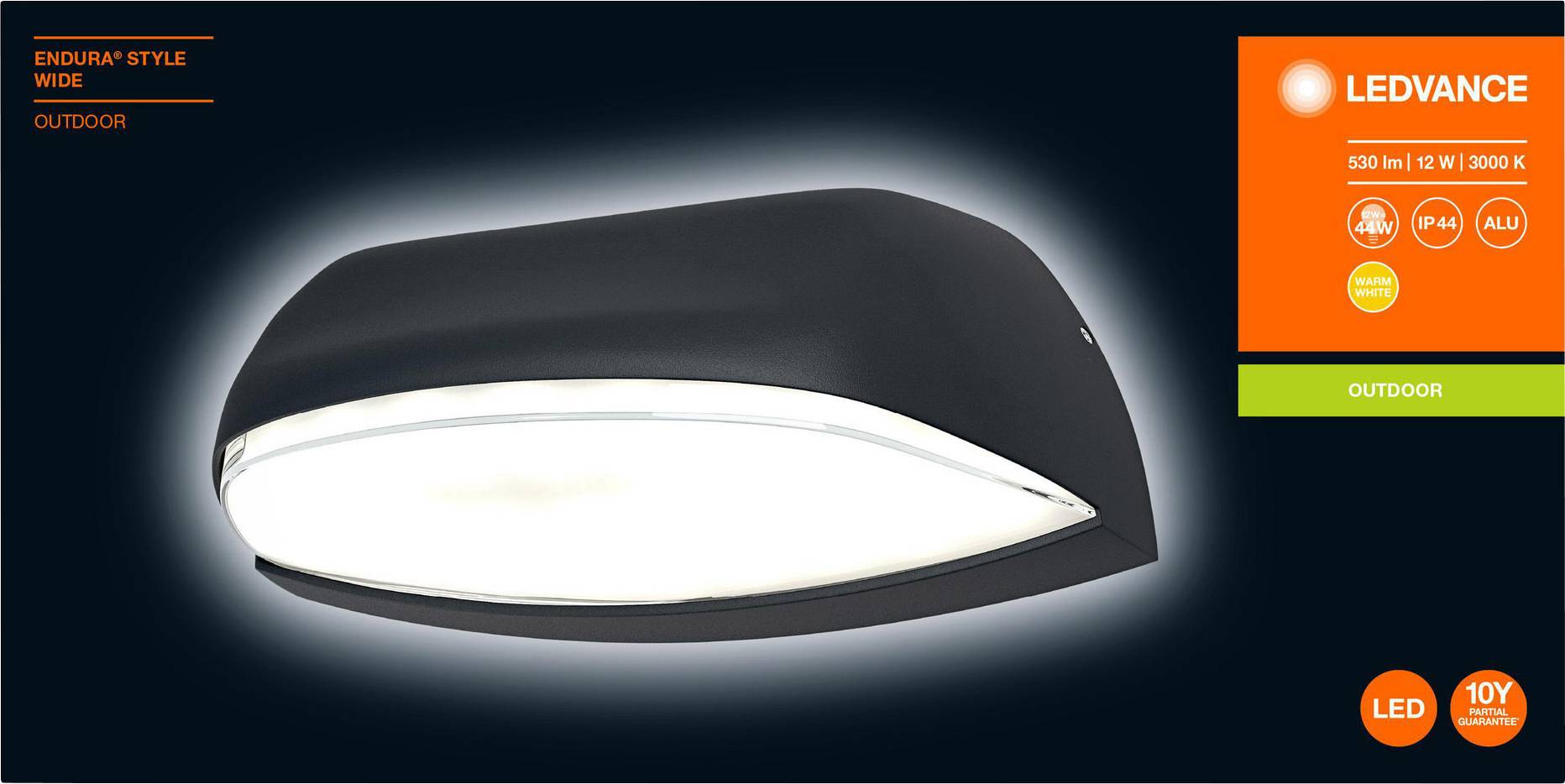 Eine schwarze, an der Wand montierte Außenlampe zeigt, dass sie 330 lm, 12 W und 3000 K hat. Hervorgehoben: LED, IP44, All. 10 Jahre Garantie.