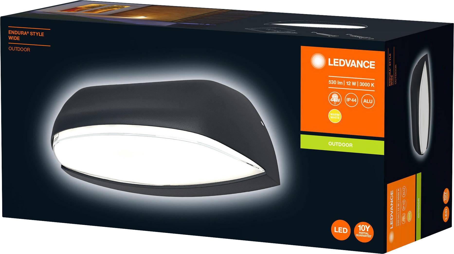 Ein rechteckiger Karton der LEDVANCE Endura Style Wide Outdoor-Leuchte, zeigt ein Bild der schwarzen, modernen LED-Außenlampe.