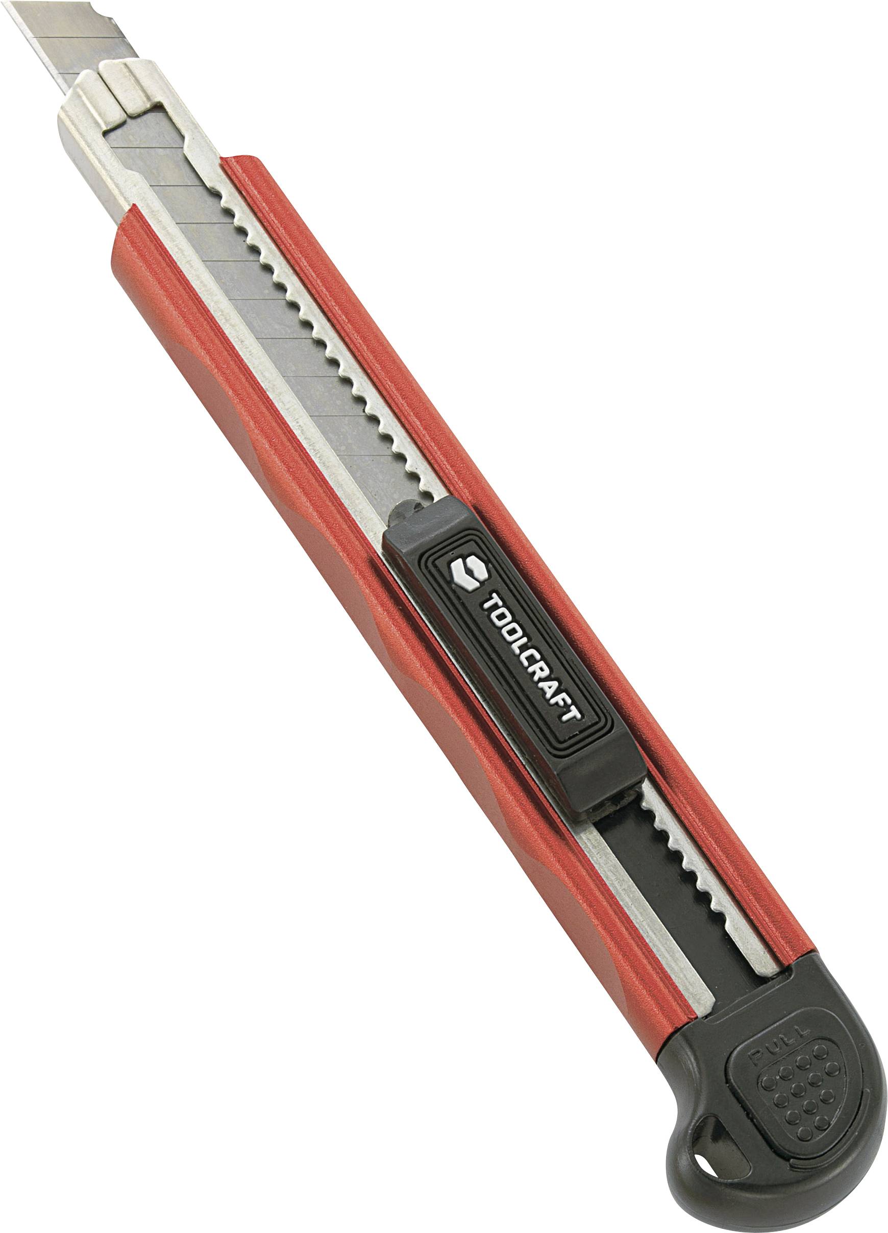 Ein rotes und schwarzes Teppichmesser mit einfahrbarer Klinge, geeignet zum Schneiden von Materialien. Der Griff ist ergonomisch gestaltet.