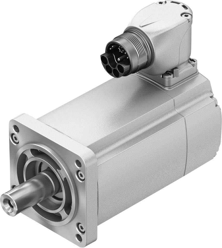 Ein silberner Elektromotor mit Steckanschluss oben. Der Motor hat eine zylindrische Form und zeigt Anschlüsse und Schrauben.