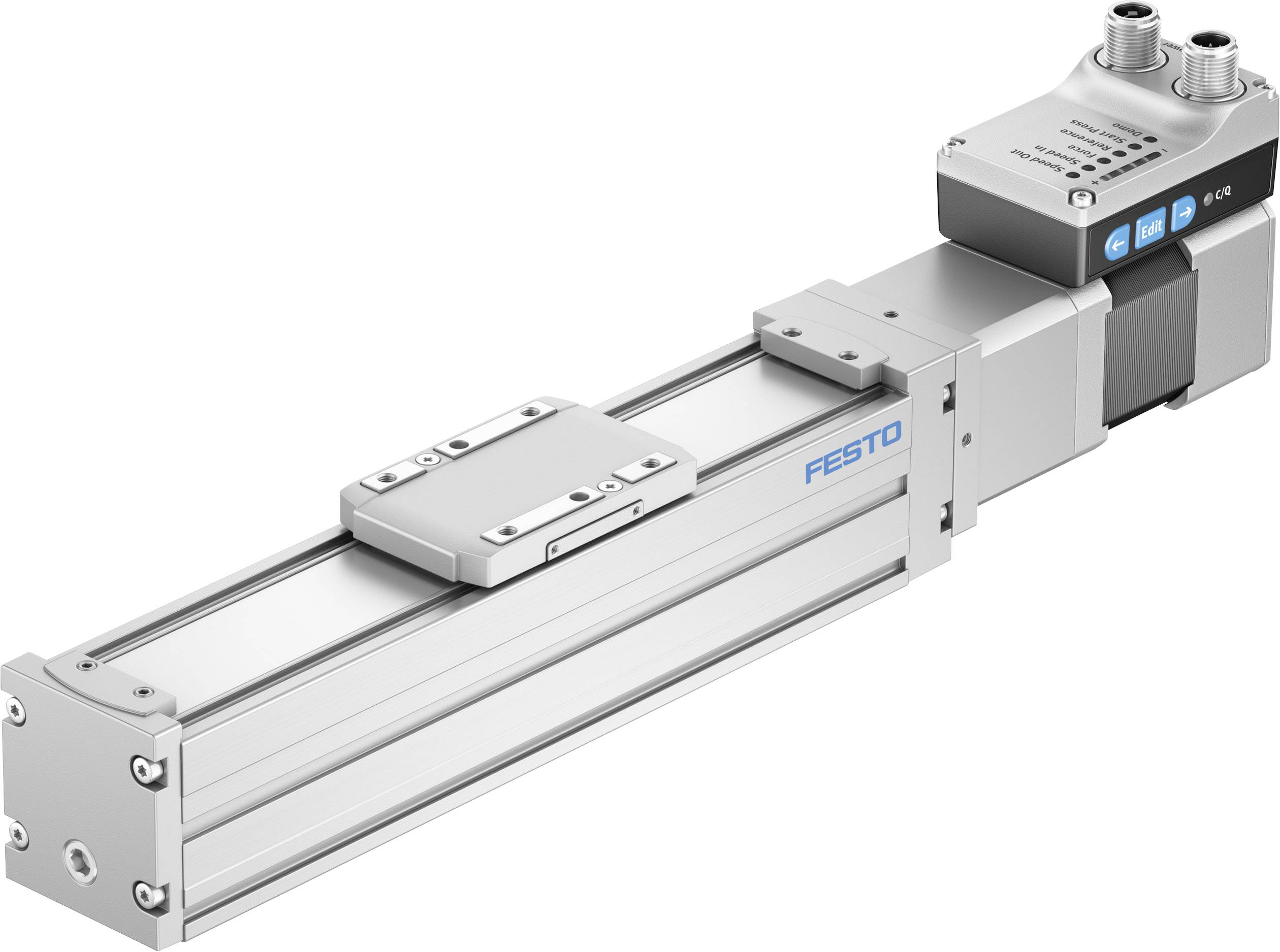 Ein elektrischer Linearantrieb von Festo, silberfarben, mit rechteckigem Gehäuse und Anschlüssen, geeignet für präzise Bewegungssteuerung.