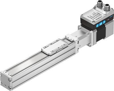 Elektrischer Linearantrieb mit silbernem Gehäuse und schwarzem Steuerteil, geeignet für präzise Steuerungsaufgaben in industriellen Anwendungen.