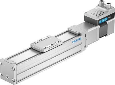 Linearachsenantrieb von Festo, bestehend aus einem Schlitten und einem elektrischen Blockantrieb, geeignet für präzise Positionierung.