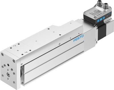 Ein Silinder mit Motor von Festo, geeignet für präzise Automatisierungsanwendungen in der Industrie, mit Anschlussanschlüssen oben.