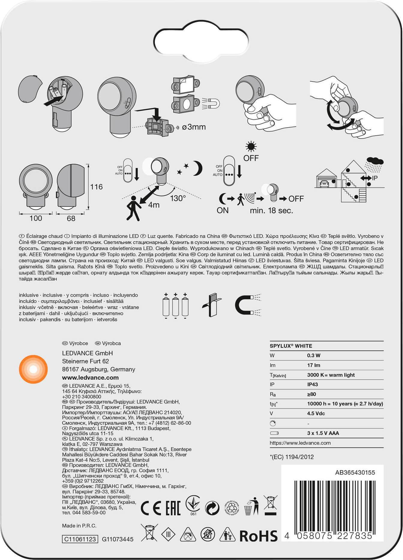LEDVANCE 4058075227835 SPYLUX® (EU) L Mobile Kleinleuchte LED Weiß