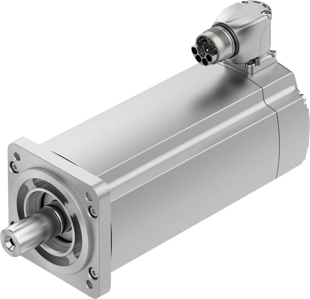 Ein silberner Servomotor mit zylindrischem Gehäuse und Anschlussstecker an der Oberseite, ausgelegt zur präzisen Steuerung mechanischer Bewegungen.
