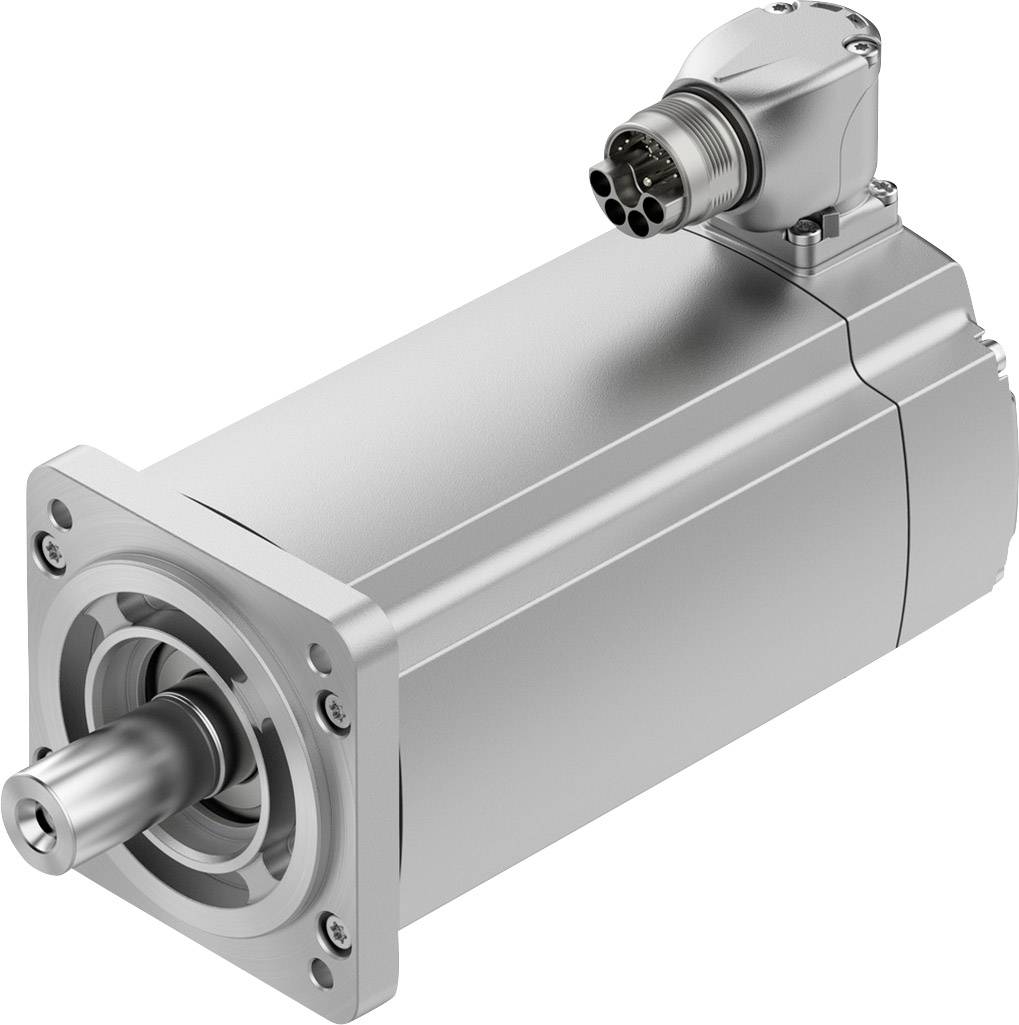 Ein silberfarbener Elektromotor mit rechteckigem Gehäuse und rundem Anschlussstecker oben, geeignet für industrielle Anwendungen.