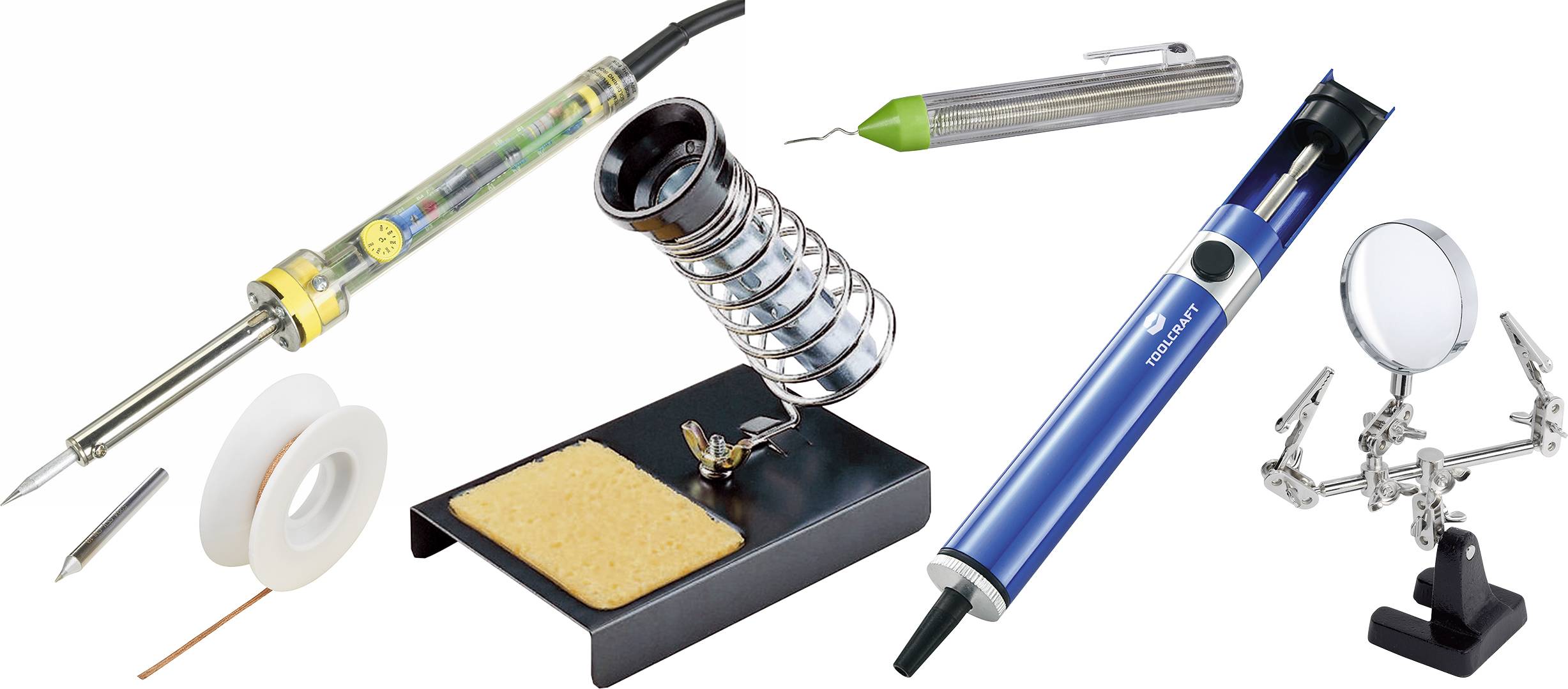 Lötkolben-Set mit Lötkolben, Lötzinn, Entlötpumpe, Reinigungsschwamm und Haltewerkzeug für Elektronikarbeit.