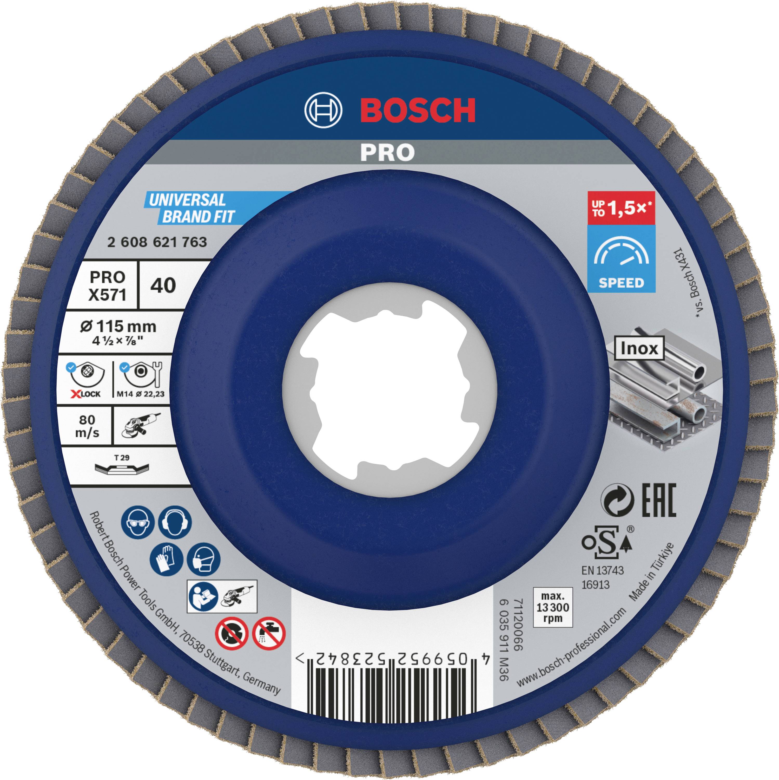 Bosch PRO Lamellenscheibe, Universal Fit, Durchmesser 115 mm, maximale Drehzahl 13.300/min, für Metall und Inox geeignet.
