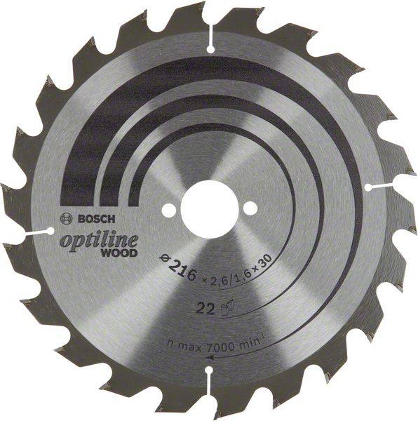 Sägeblatt von Bosch für Holz, Modell 'Optiline'; Durchmesser 216 mm, 22 Zähne, max. Drehzahl 7000 U/min, zylindrische Form.