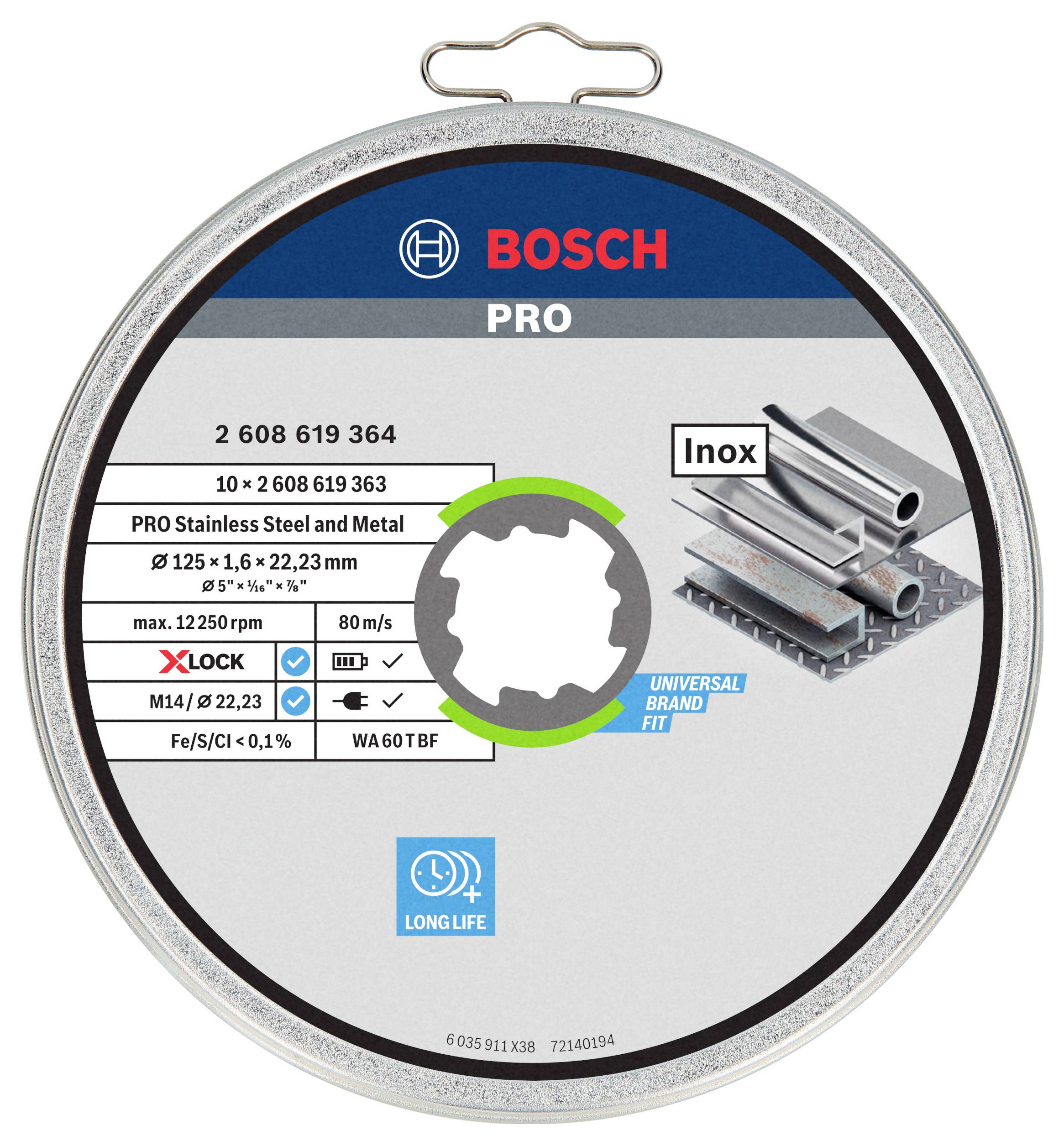 Bosch Pro Inox Trennscheibe für Edelstahl und Metall, 125x1,6x22,23 mm. Passend zu 80 m/s, M14/Fe, X-Lock System.