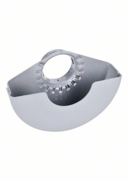 Metallischer Schneidschutz für eine runde Klinge, mit einem zentralen Loch und Markierungen, die das Drehen und Schneiden erleichtern.
