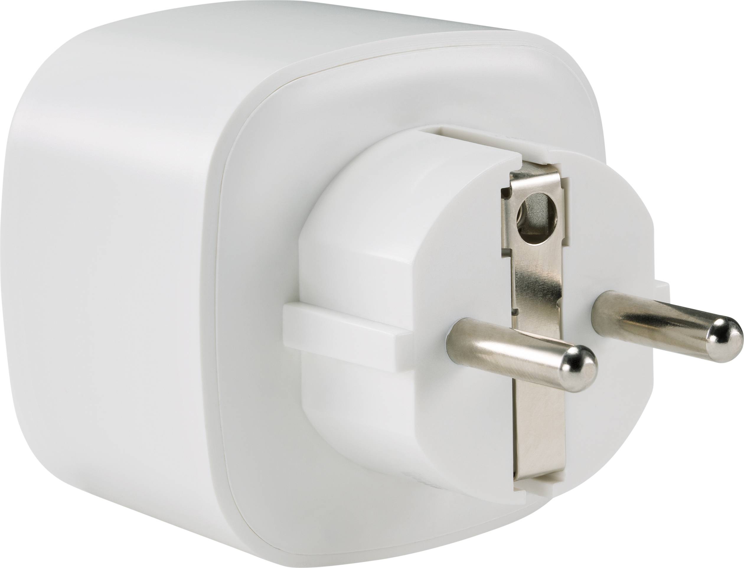Ein weißer europäischer Steckdosenadapter mit zwei Metallstiften für den Anschluss an eine Steckdose.