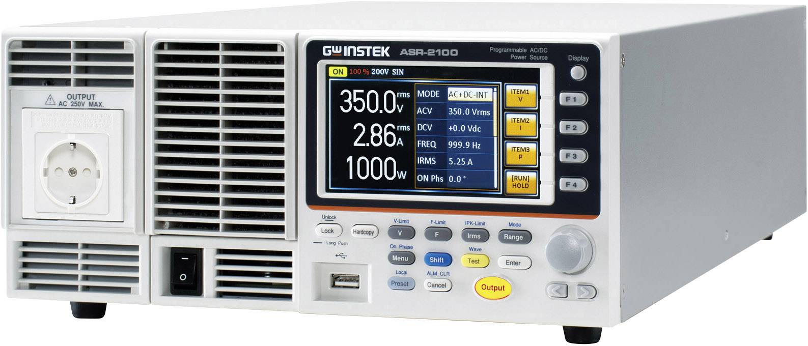 Ein programmierbares DC-Netzteil mit Digitalanzeige, zeigt Spannung 350V, Strom 2,86A, Leistung 1000W. Tasten und USB-Anschluss sichtbar.