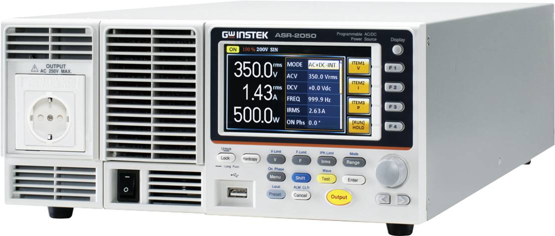 Ein programmierbares AC-DC-Stromversorgung-Gerät mit digitalem Display, das verschiedene Spannungs- und Stromwerte anzeigt.