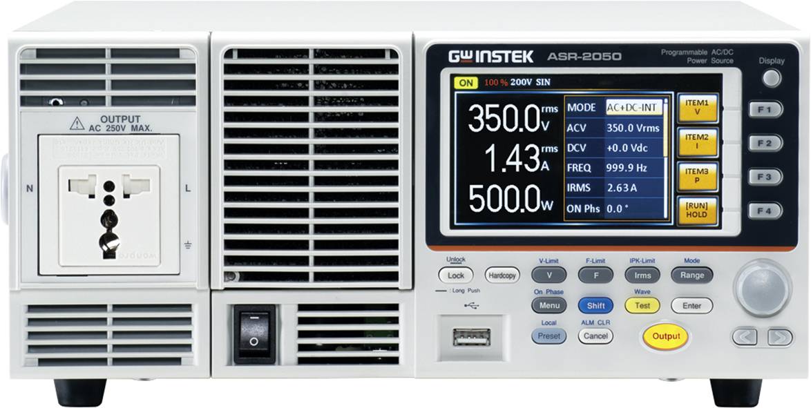 Ein elektronisches Gerät mit digitalem Display zeigt Messwerte wie '350.0 V', '1.43 A' und '500.0 W'. Tasten zur Steuerung rechts.
