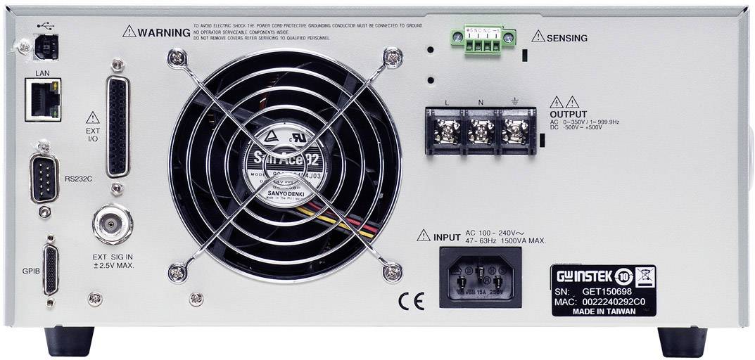 Die Rückseite eines elektronischen Geräts mit Lüfter, Anschlüssen und Stromversorgung. 'Warning' und 'Output'-Module sind markiert.