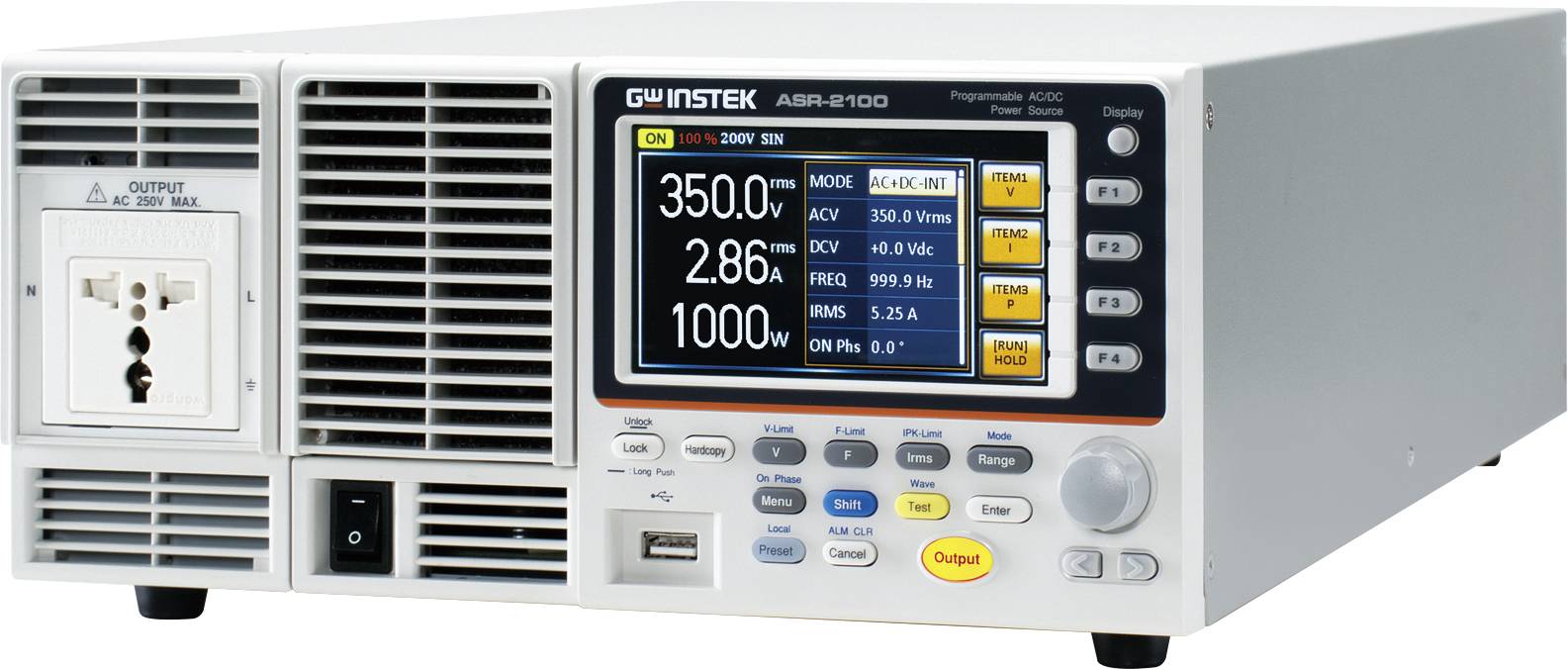 Ein programmierbares DC-Netzteil mit digitalem Display zeigt Parameter wie Strom, Spannung und Leistung. Bedienknöpfe rechts.