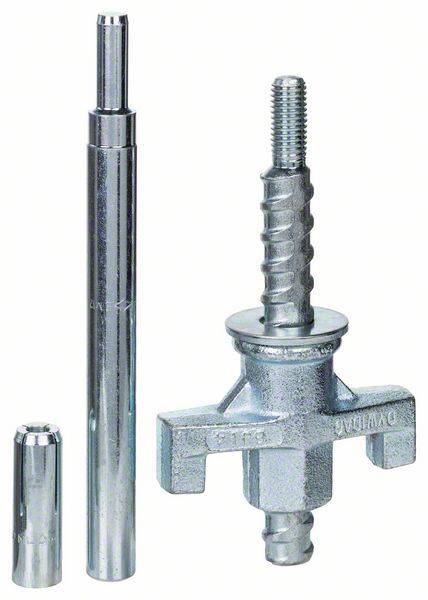 Drei Metallkomponenten: ein langer, schlanker Zylinder, ein kürzerer Zylinder und ein komplexeres Schraubteil mit Gewinde.