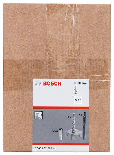 Kartonverpackung mit Bosch-Logo, enthält 25 Bohrer mit einem Durchmesser von 16mm, Artikelnummer 2 608 002 000.