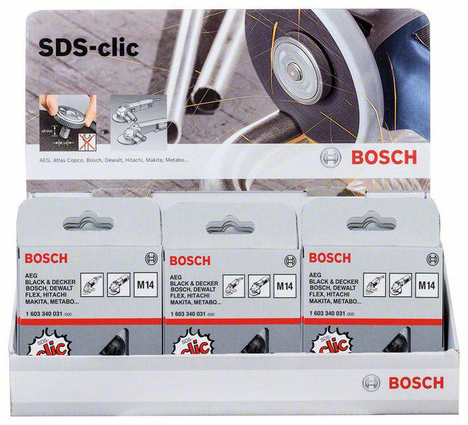 Verkaufsverpackung für Bosch SDS-clic Schleifzubehör. Zeigt drei Packungen mit M14-Aufnahmen. Oben eine Abbildung der Anwendung.
