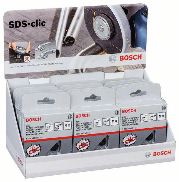 Die Verpackung zeigt Bosch SDS-clic Adapter für Winkelschleifer, geeignet für verschiedene Marken, hervorgehoben in einem Verkaufsdispenser.