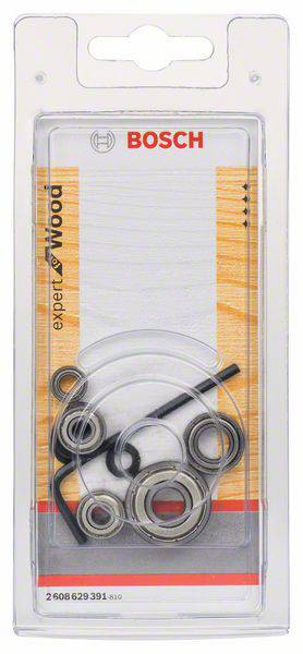 Packung mit Bosch-Ringlagern und Werkzeug für Holzbearbeitung, markiert mit 'expert for Wood' und Teilenummer 2 608 629 391.