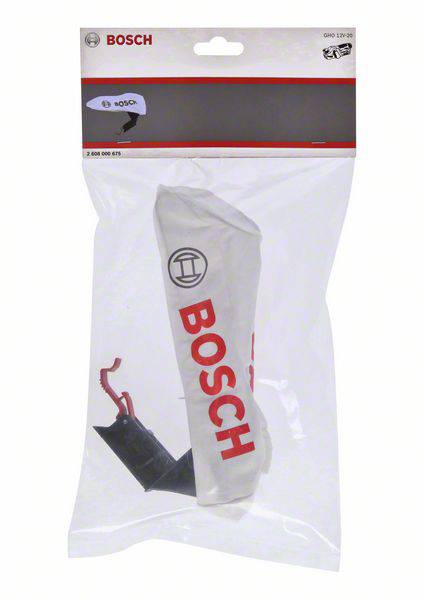Eine Bosch-Staubabsaugtasche in einer transparenten Verpackung, die für Werkzeuge geeignet ist. Markenlogo und Produktbild sind sichtbar.