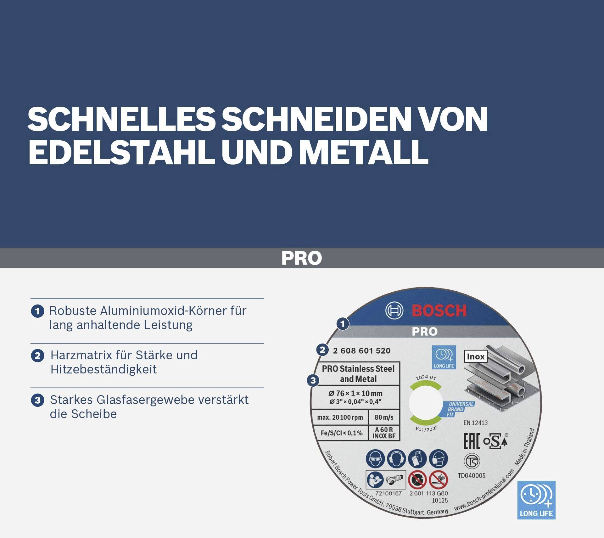 'Schnelles Schneiden von Edelstahl und Metall.' Die Abbildung zeigt eine Schleifscheibe mit hoher Leistung und Hitzebeständigkeit. Sie besitzt starke Glasfasergewebe-Verstärkung.