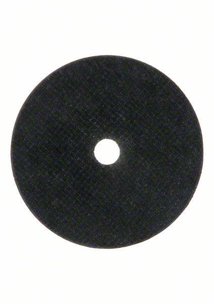 Schwarze, runde Schleifscheibe mit zentralem Loch. Geeignet für Trennarbeiten mit elektrischen Werkzeugen auf Metall oder Stein.