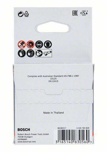 Rückseite einer Bosch-Werkzeugverpackung mit Sicherheitssymbolen und Text: 'Made in Thailand'.