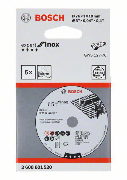Verpackung einer Bosch Trennscheibe 'expert for Inox', geeignet für Edelstahl. Zeigt Scheibenmaße, Drehzahl und Sicherheitsinformationen.