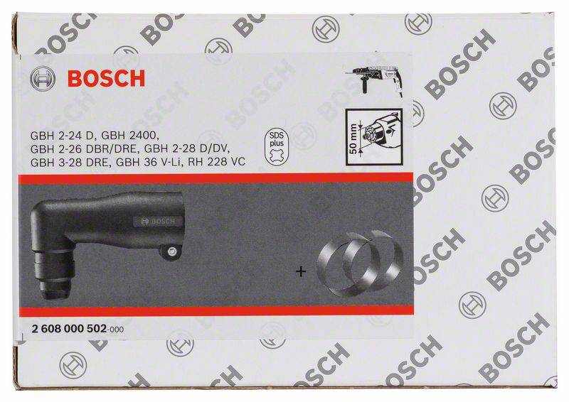 'Bosch' Verpackung für SDS-plus Winkelbohrfutter. Zeigt Adapter, kompatible Modelle und Markenlogo.