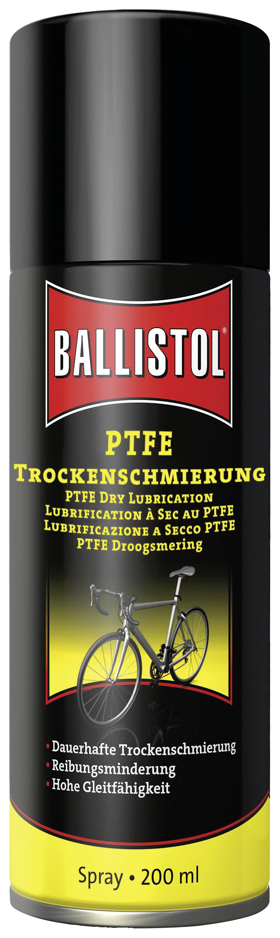 Ballistol PTFE Trockenschmierung Spraydose mit Bild eines Fahrrads. Text: 'Dauerhafte Trockenschmierung, Reibungsminderung, Hohe Gleitfähigkeit'.