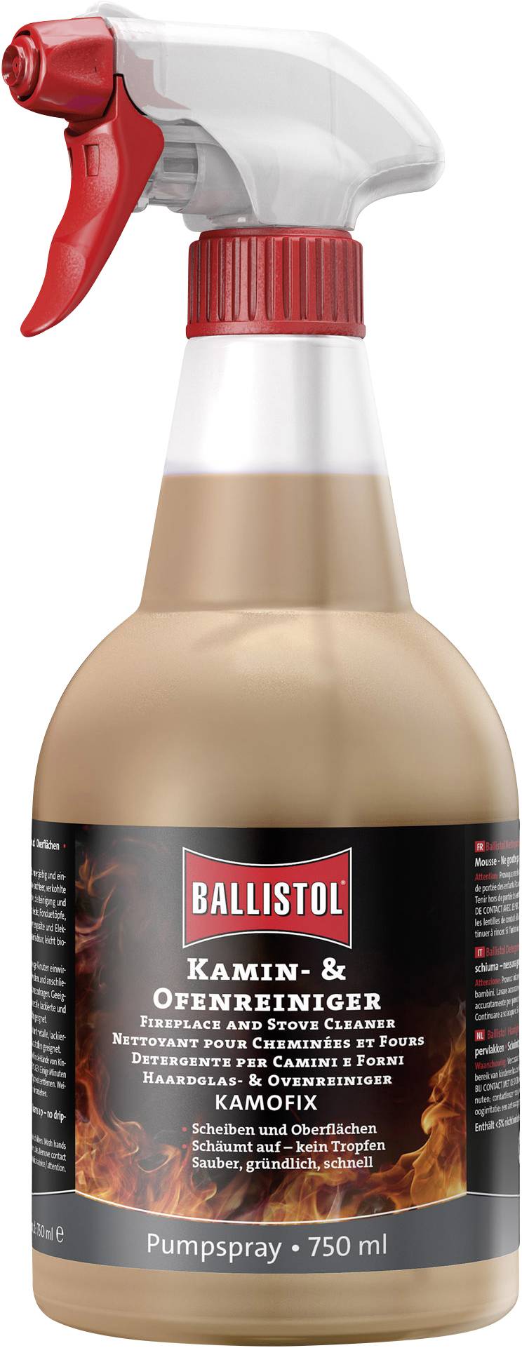 Sprühflasche mit rotem Sprühkopf; Etikett mit 'Ballistol Kamin- & Ofenreiniger', 750 ml; reinigt hartnäckigen Schmutz.