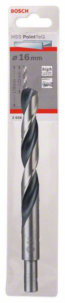 Verpackung eines Bosch HSS PointTeQ Metallbohrers, Durchmesser 16 mm, geeignet für Metallbohrungen, in transparenter Kunststoffverpackung.