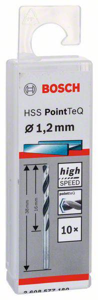 Verpackung eines Bosch HSS PointTeQ Bohrers, 1,2 mm Durchmesser, geeignet für Metallbohrungen, enthält 10 Stück.
