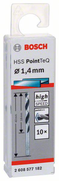 'Bosch HSS PointTeQ 1,4mm-Bohrer. 10 Stück. High Speed.' Verpackung mit Bild eines Spiralbohrers und Text zur Produktspezifikation.