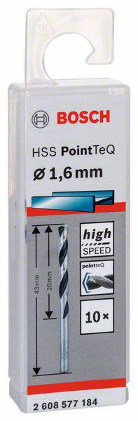 Verpackung eines 1,6 mm HSS PointTeQ Bohrers von Bosch, geeignet für Hochgeschwindigkeitsbohren. Zeigt Bohrer und technische Details.