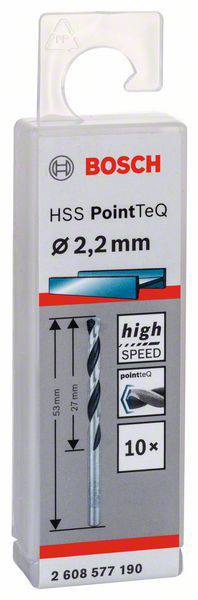 Verpackung eines Bosch HSS PointTeQ Bohrers, Durchmesser 2,2 mm, geeignet für Hochgeschwindigkeit, enthält 10 Stück.