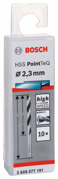 Eine Packung Bosch HSS PointTeQ Metallbohrer, Durchmesser 2,3 mm, 10 Stück, geeignet für Metalle, hohe Geschwindigkeit, 57 mm Länge.