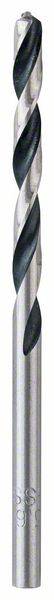 Silberner Spiralbohrer mit zwei schwarzen Schneidkanten, geeignet zum Bohren in Metall und Holz.
