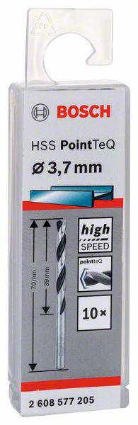 Verpackung für 'Bosch HSS PointTeQ'-Bohrer, 3,7 mm Durchmesser, 10 Stück, geeignet für schnelle Bohrungen in Metall.