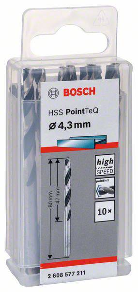 Hochgeschwindigkeits-Stahlbohrer von Bosch, HSS PointTeQ, 4,3 mm Durchmesser, Verpackung mit 10 Bohrern.